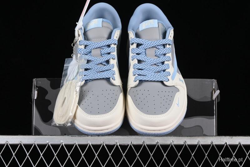 Nike Travis Scott x Fragment Design x Air Jordan 1 Low OG SP AJ1 LV Collaboration Deep Blue Low-Top Casual Sneakers - BB6588-104