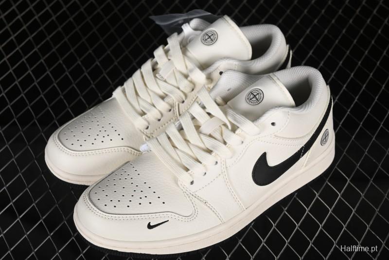 Nike Air Jordan 1 Low AJ1 Stone Island Collaboration - Off White Black Retro Low-Top Basketball Shoes - LJ6688-003