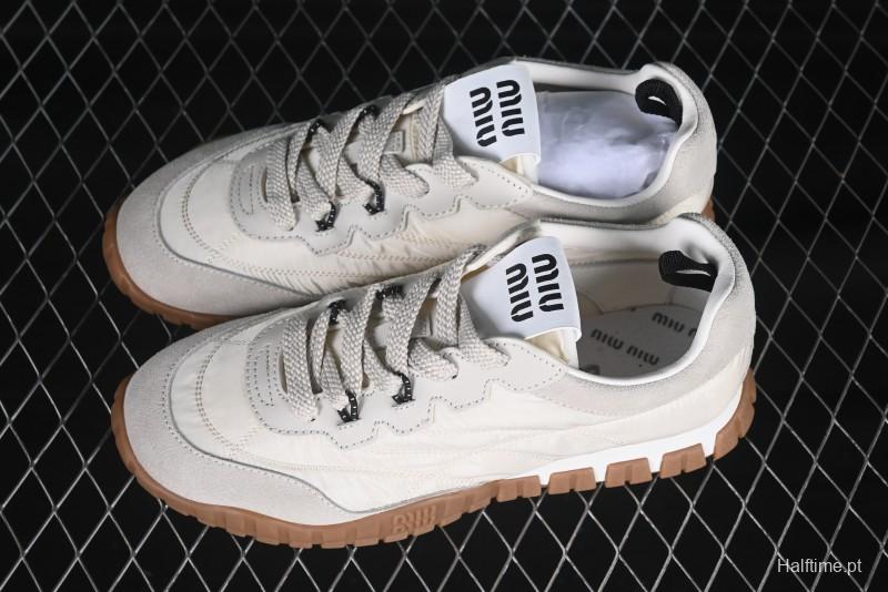 Miu Miu Suede Round Toe Lace-Up Women's Low-Top Casual Shoes in Beige - 99D4