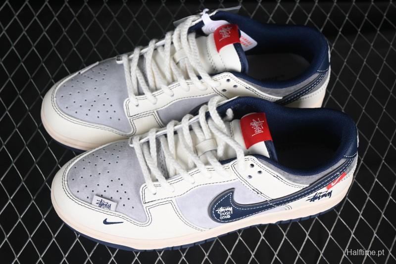 Nike SB Dunk Low Stussy Collaboration Signature Navy Swoosh Anniversary Custom Low-Top Casual Skate Shoes - DM6868-034